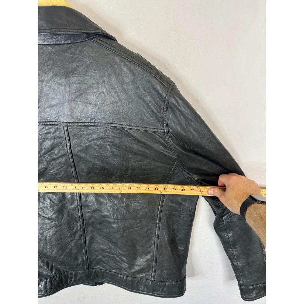 Levis Mens Genuine Leather Cafe Jacket Black Plaid Lined Full Zip Epaulettes XXL